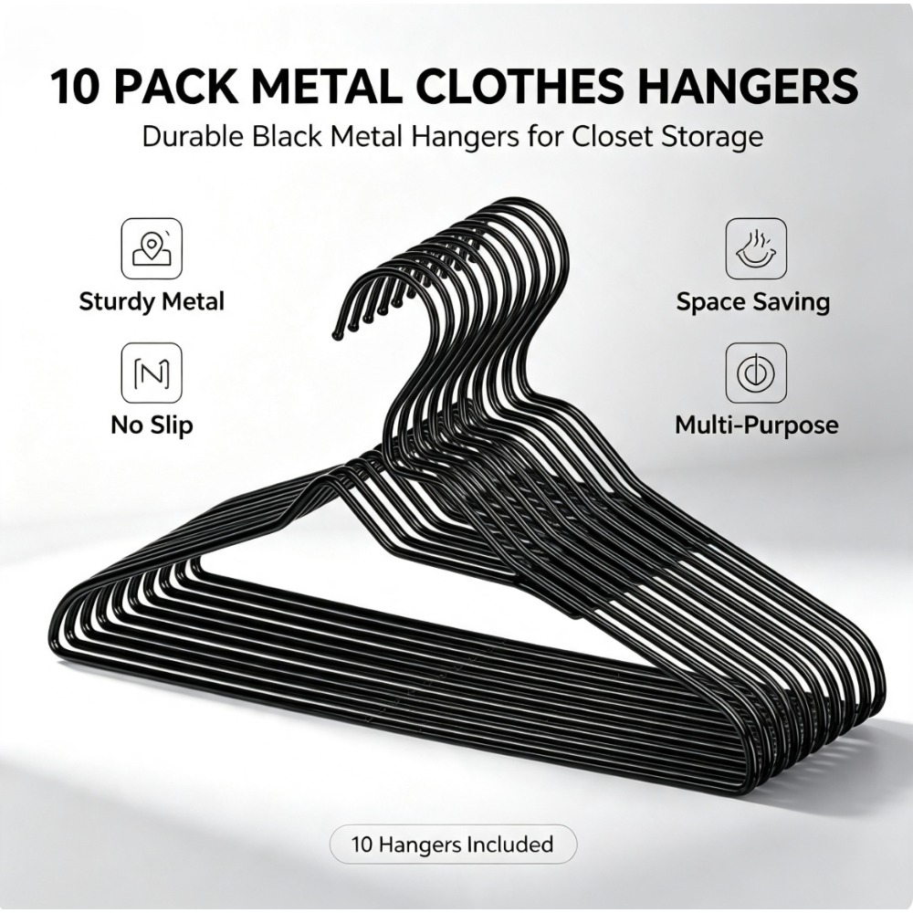 Locker Storage Metal - 10 Gantungan Baju Anti-Selip Warna Hitam,